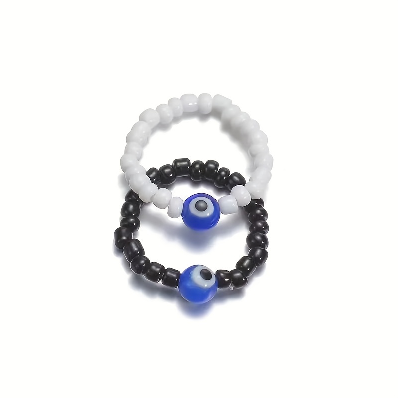 2pc Vintage Evil Eye Beaded Stretch Seed Bead Ring, Unisex